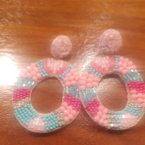 Pink and Blue Beaded Hoop Earrings - Picture 3 of 4